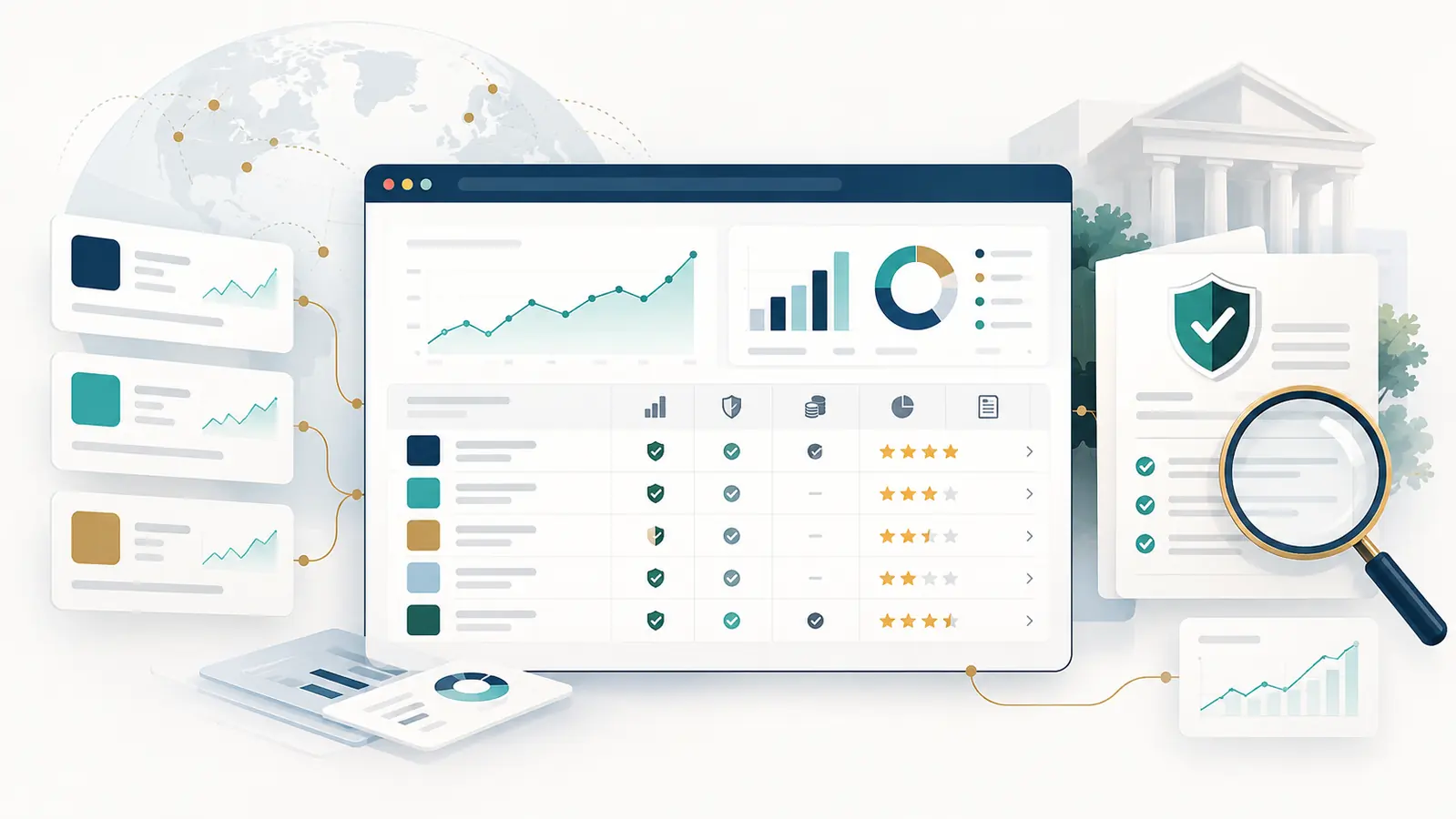 Global Broker Research and Comparison Global broker research and comparison dashboard showing regulation, fees and trading data