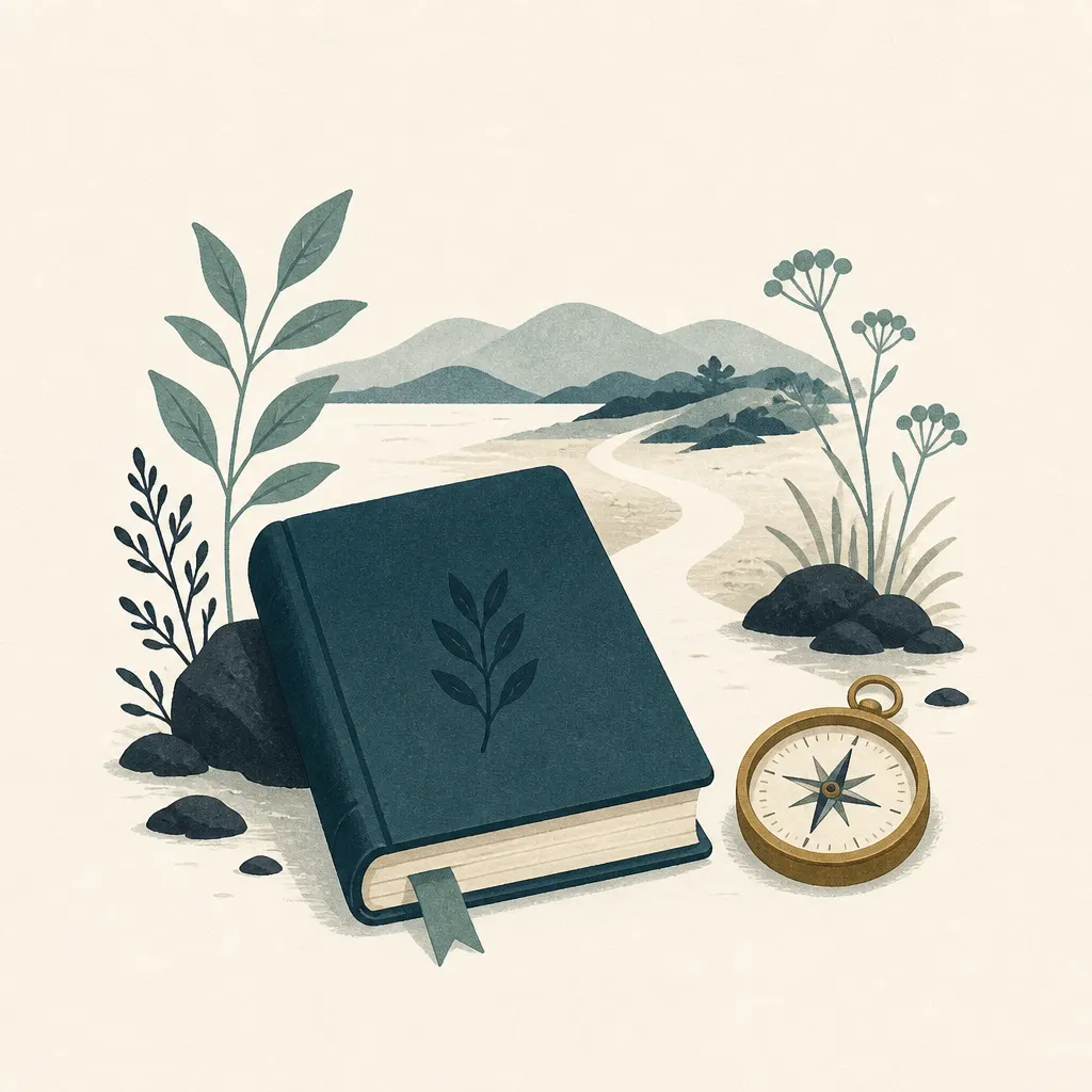 Illustration of a field guide, compass and calm path forward