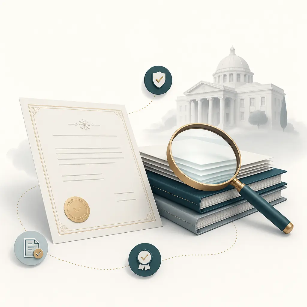 Illustration of a broker licence, regulator building and source records under a magnifying glass