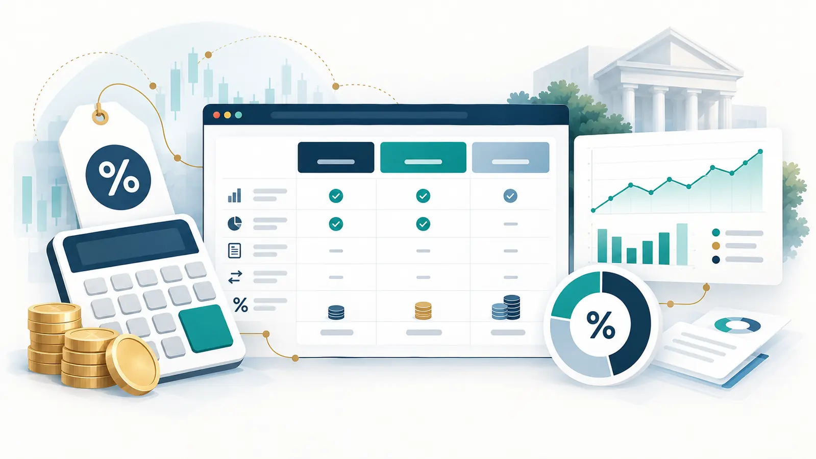 Illustration explaining broker charges with a calculator, fee comparison and percentage symbols